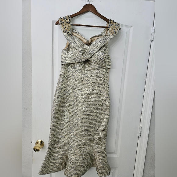 Parker 108 Gold & Navy midi V Neck dress with embellishments sz 6 - Picture 2 of 10